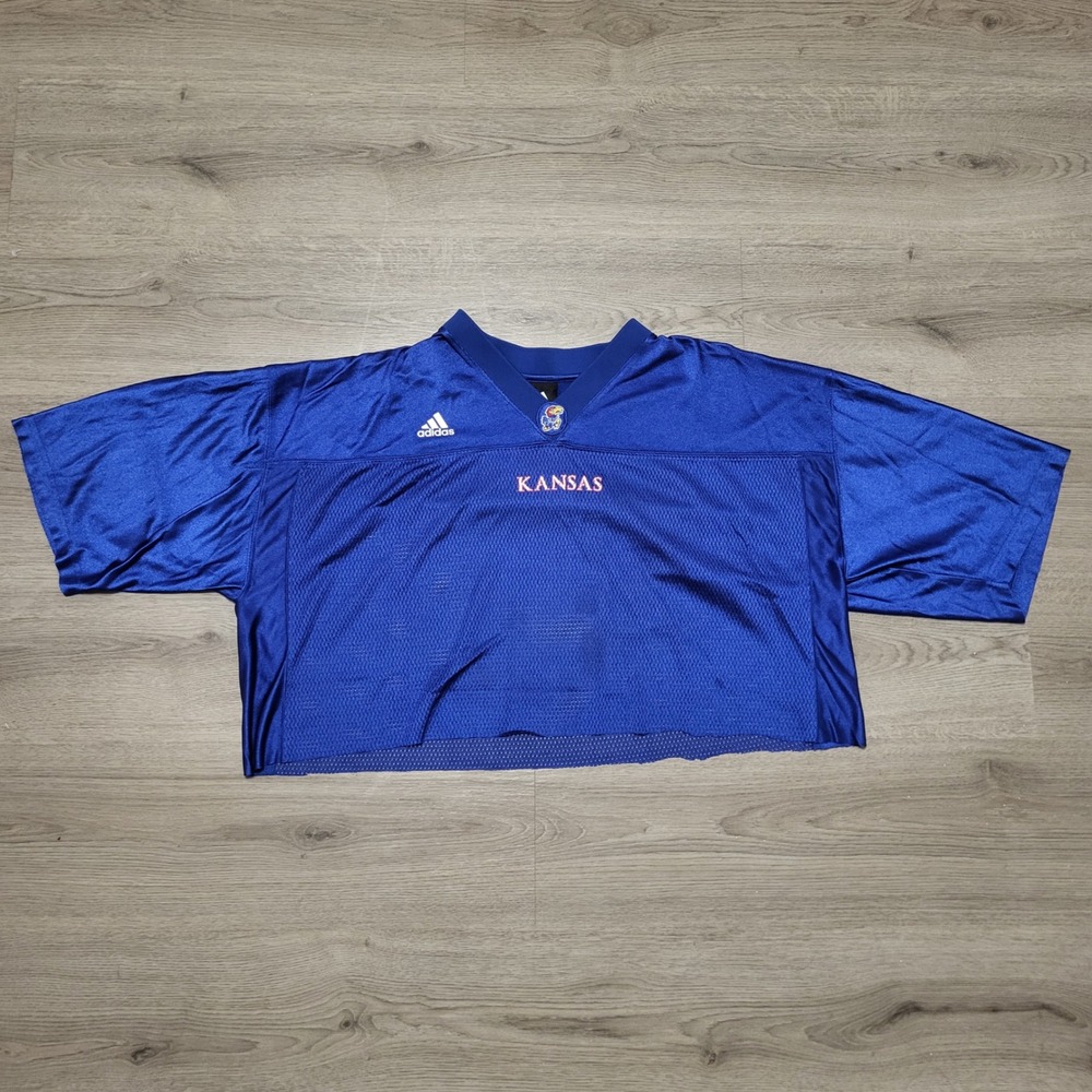 KU Adidas Kansas Jayhawks‎ Blue Cropped Football College Jersey Top Womens XL